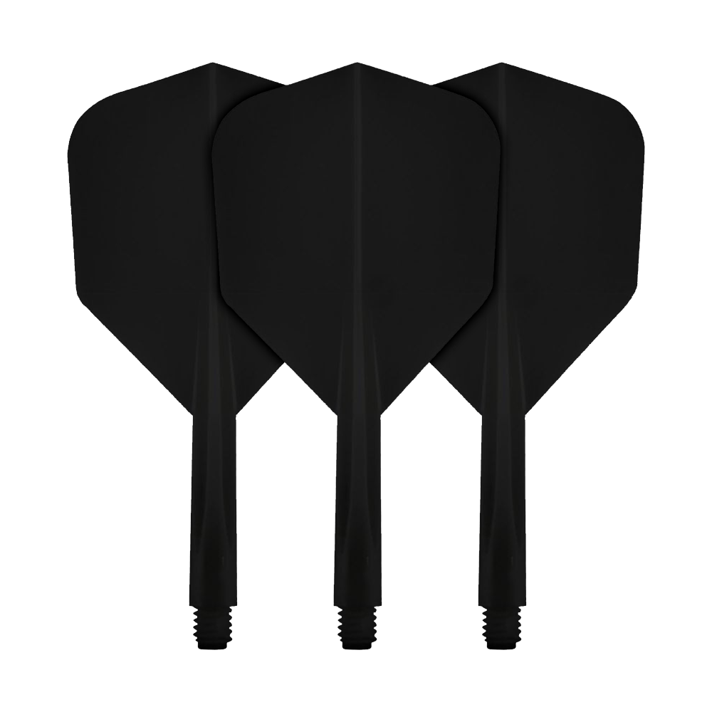 Das Bild zeigt drei schwarze Flights für Dartpfeile mit integriertem Schaft. Es handelt sich um das Produkt "Condor Axe Black Flight-System Small".